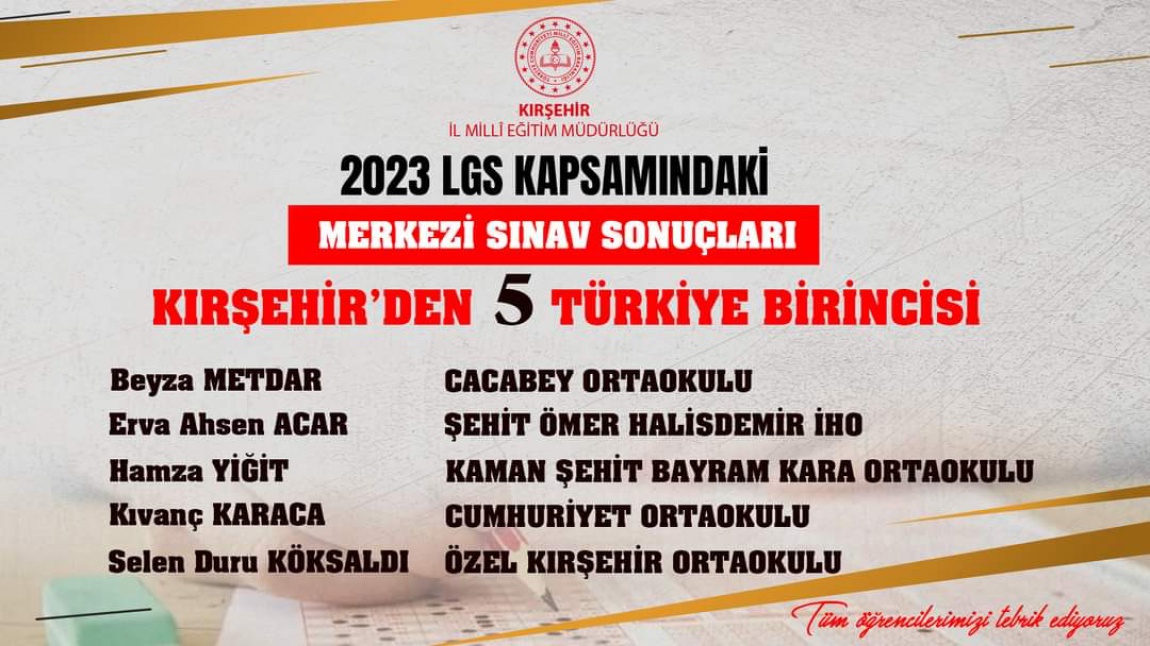 Kırşehir’de  LGS sınavında 5 Öğrencimiz Türkiye Birincisi Oldu. 